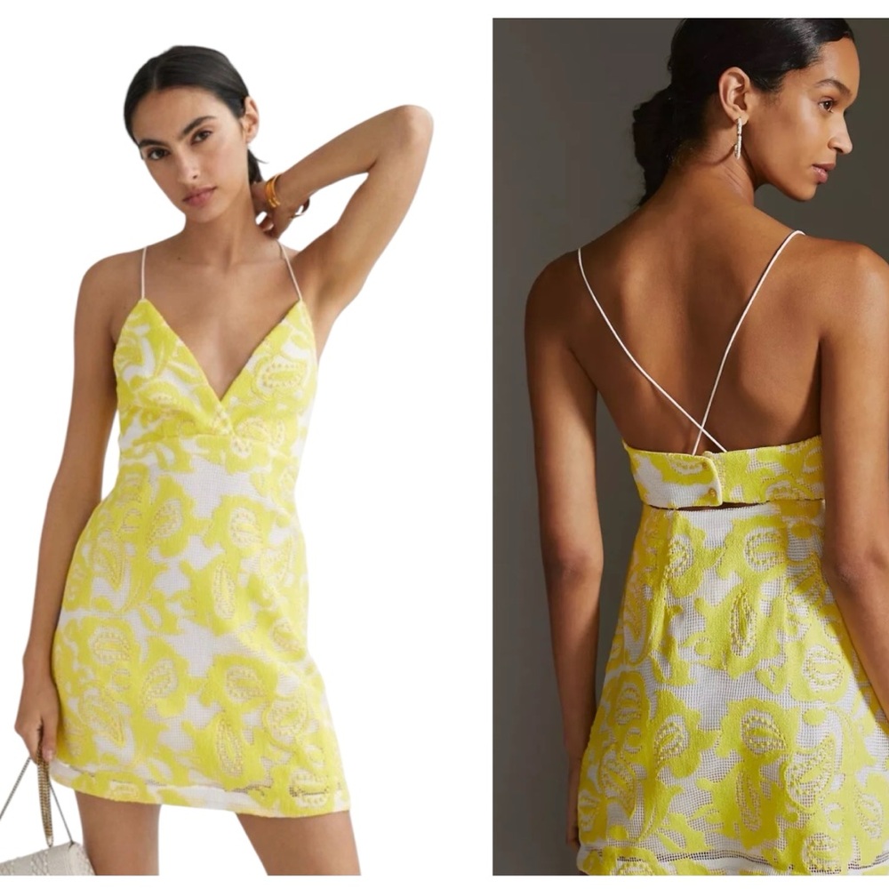 Anthropologie Maeve Strappy Lace Yellow Floral Mini Cocktail Special Event Dress